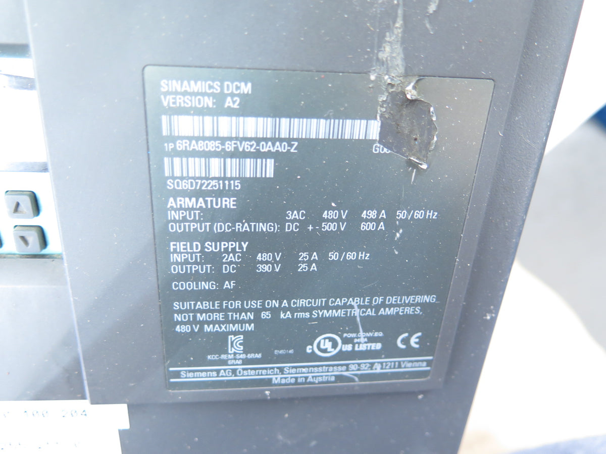 Siemens 6RA8085-6FV62-0AA0-Z Dc Drive Sinamics DCM Output 600A - Advance Operations