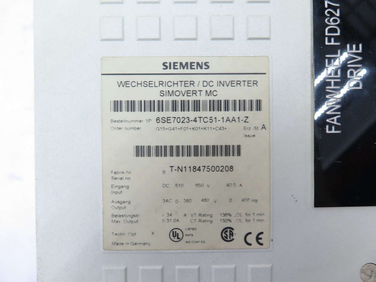 Siemens 6SE7023-4TC51-1AA1-Z Simovert MC DC Inverter 650Vdc 3Ph Water Cooled - Advance Operations