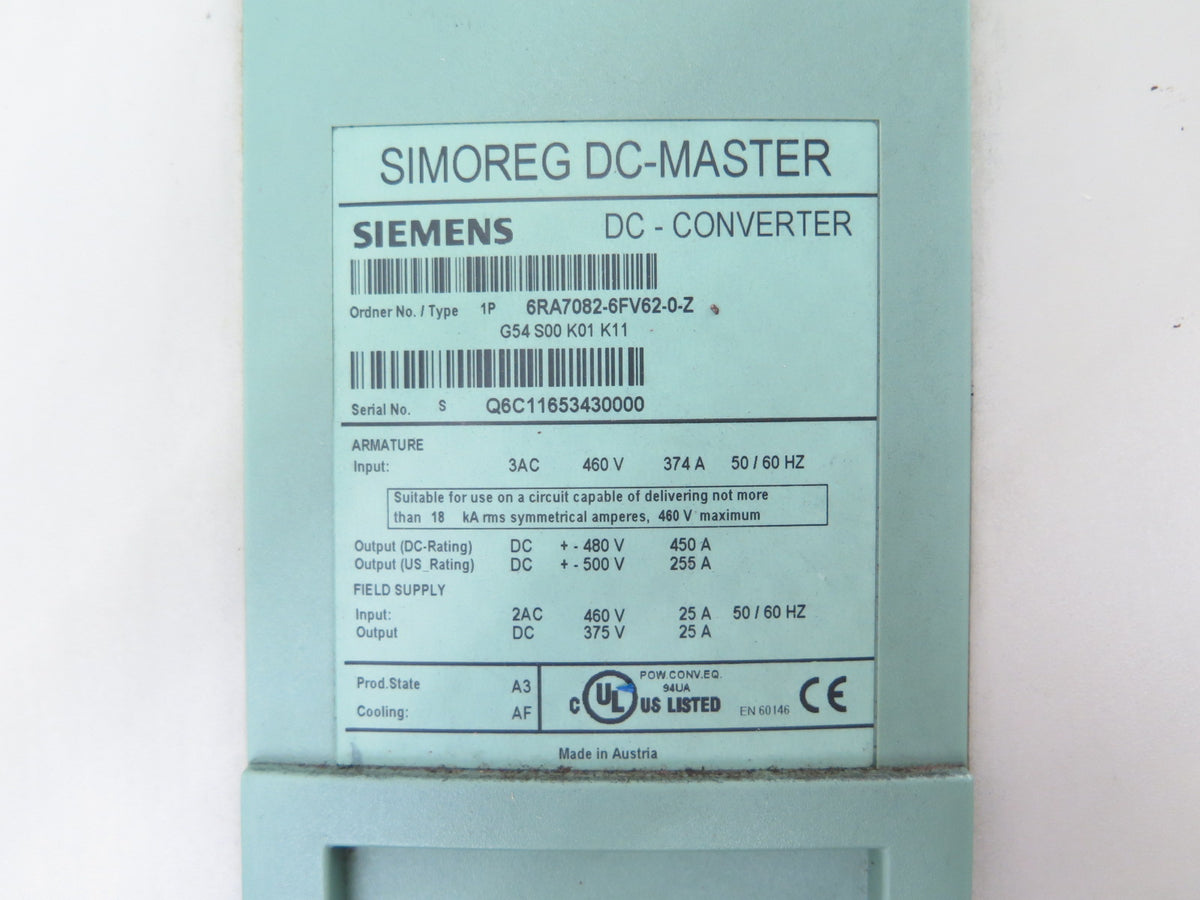 Siemens 6RA7082-6FV62-0-Z DC-Converter / Simoreg DC-Master Cracked Cover - Advance Operations