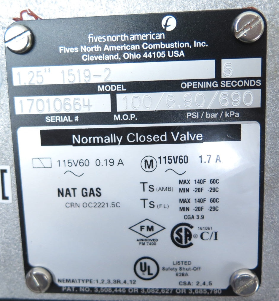 Honeywell / Fives North American 1.25" 1519-2 / 125SNA11 Natural Gas Valve - Advance Operations
