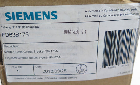 Siemens FD63B175 Molded Case Circuit breaker 3P-175A - Advance Operations
