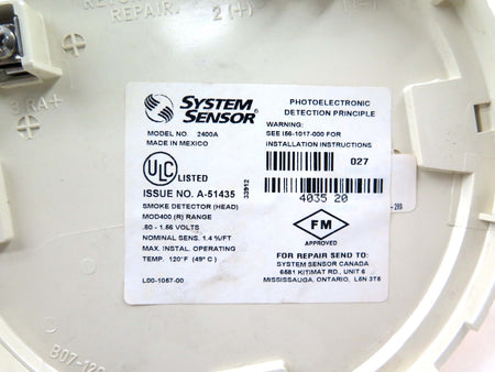 System Sensor 2400A Direct Wire Photoelectric Smoke Detector - Advance Operations