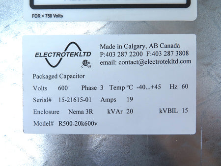 ElectrotekLTD R500-20K600V Packaged Capacitor 600V 19A - Advance Operations