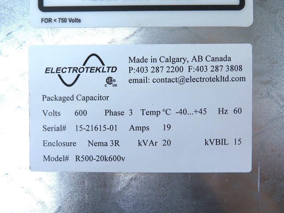 ElectrotekLTD R500-20K600V Packaged Capacitor 600V 19A - Advance Operations