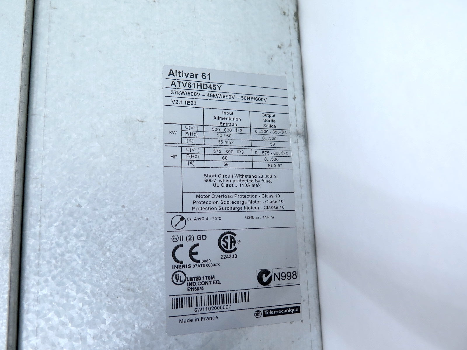 Schneider Electric ATV61HD45Y AC Drive 50Hp / 45kW 500-690Vac - Advance Operations