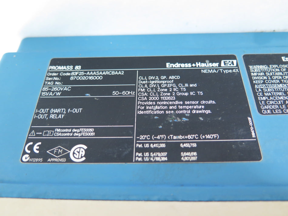 Endress + Hauser 83F25-AAASAARCBAA2 Promass 83 Transmitter 85-260Vac - Advance Operations