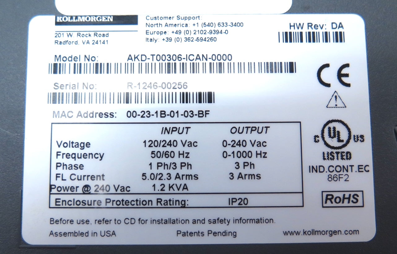 Kollmorgen AKD-T00306-ICAN-0000 Servo / AC Drive 120/240Vac 1.2KVA - Advance Operations