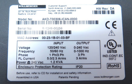 Kollmorgen AKD-T00306-ICAN-0000 Servo / AC Drive 120/240Vac 1.2KVA - Advance Operations