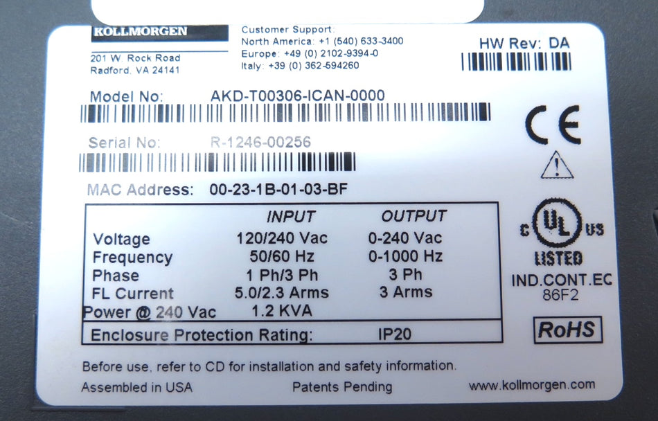 Kollmorgen AKD-T00306-ICAN-0000 Servo / AC Drive 120/240Vac 1.2KVA - Advance Operations