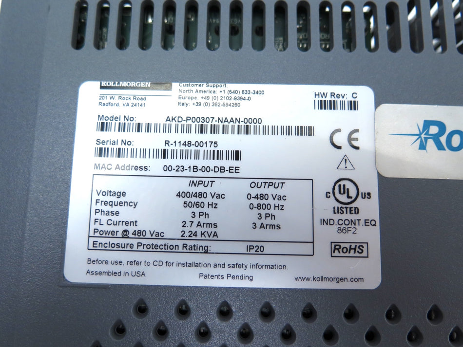 Kollmorgen AKD-P00307-NAAN-0000 Servo AC Drive 400/480Vac - Advance Operations