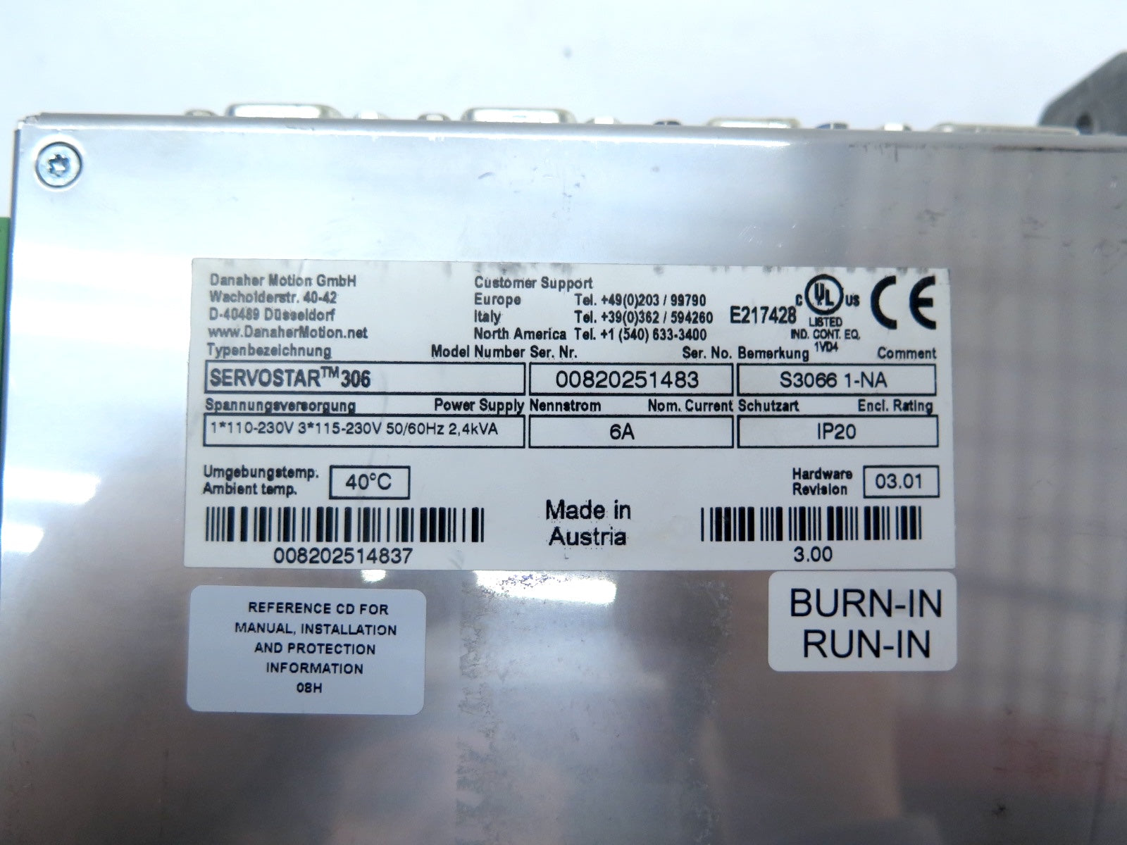 Danaher / Kollmorgen Servostar 306 / 00820251483 110-230V 2.4Kva FOR PARTS - Advance Operations