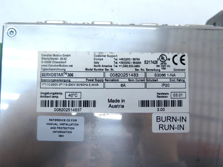 Danaher / Kollmorgen Servostar 306 / 00820251483 110-230V 2.4Kva FOR PARTS - Advance Operations