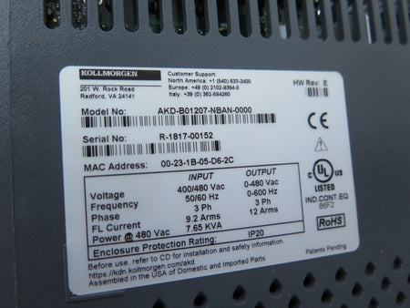 Kollmorgen AKD-B01207-NBAN-0000 SmartDrive AC Drive 400-480Vac 7.65Kva - Advance Operations