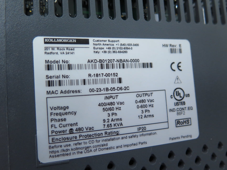 Kollmorgen AKD-B01207-NBAN-0000 SmartDrive AC Drive 400-480Vac 7.65Kva - Advance Operations