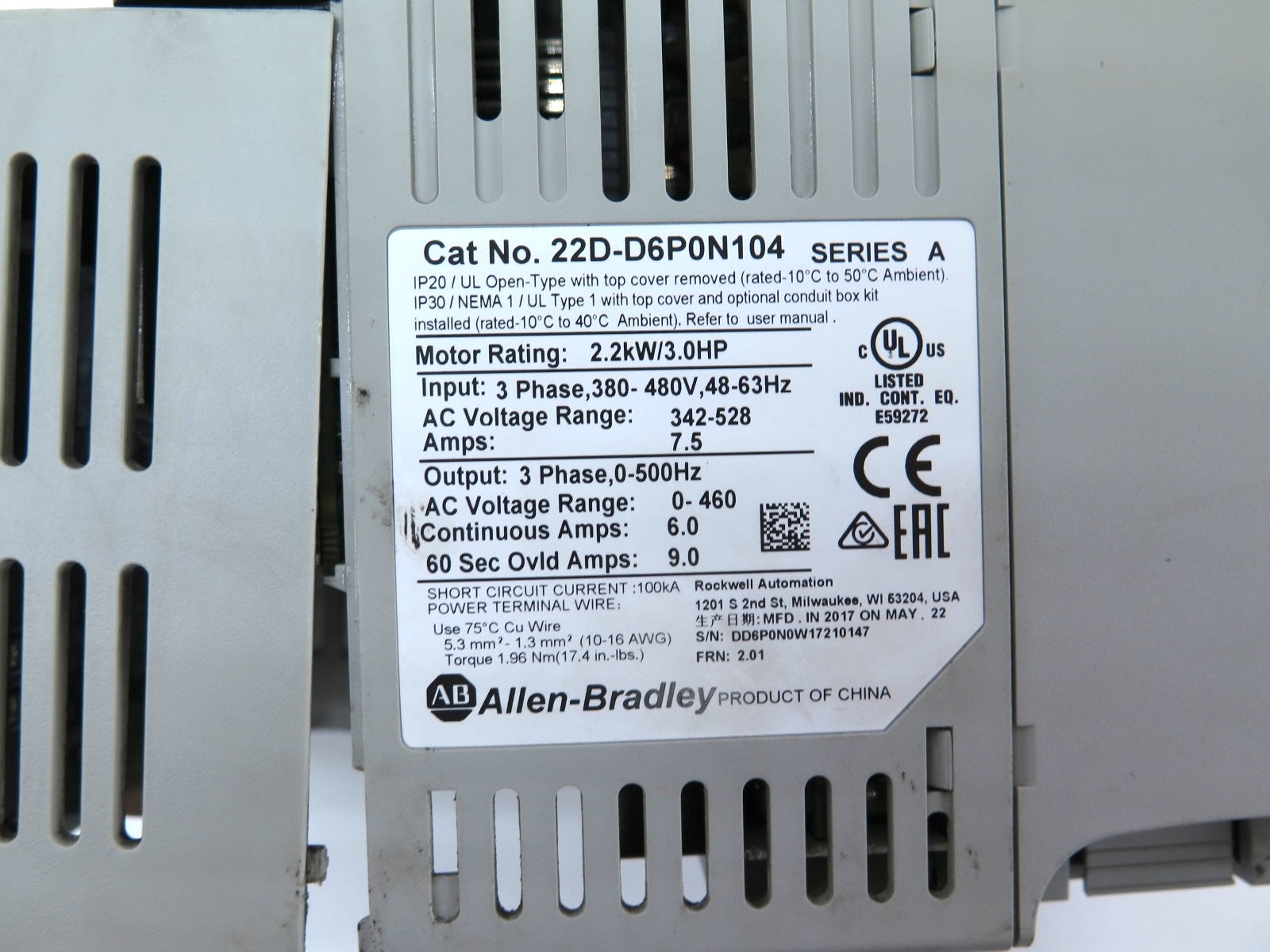 Allen-Bradley 22D-D6P0N104 PowerFlex 40 AC Drive 3Hp 380-480Vac - Advance Operations