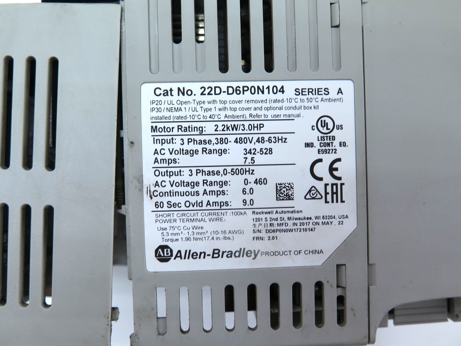 Allen-Bradley 22D-D6P0N104 PowerFlex 40 AC Drive 3Hp 380-480Vac - Advance Operations