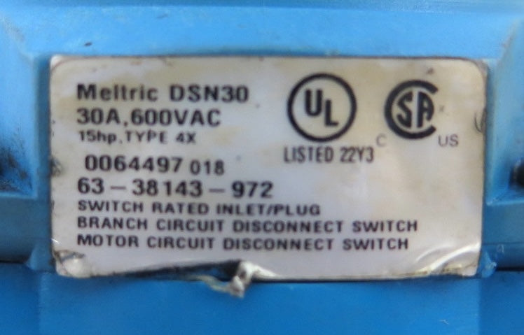 Meltric 63-38143-972 DSN30 30A 600Vac Type 4x Inlet Plug Kit - Advance Operations