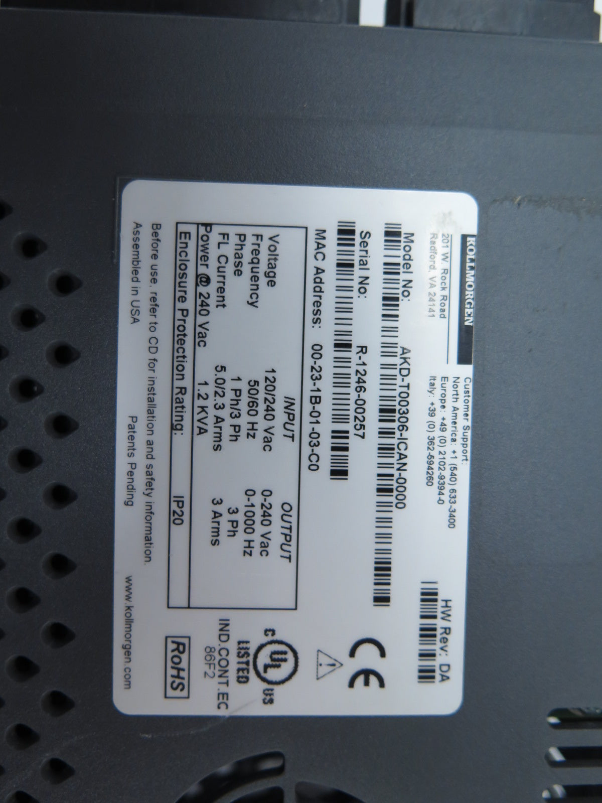 Kollmorgen 1.2KVA AKD-T00306-ICAN-0000 Servo / AC Drive 120/240Vac - Advance Operations