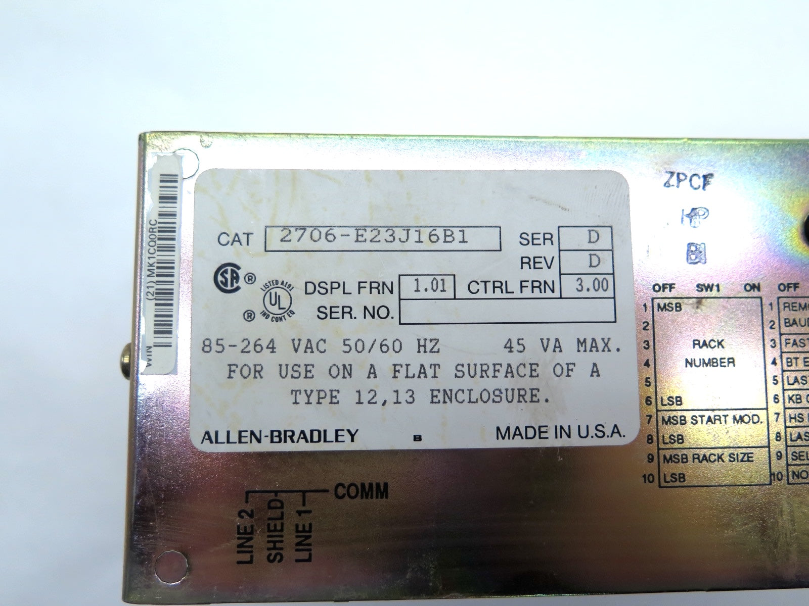 Allen-Bradley 2706-E23J16B1 DataLiner Digital Display Interface Panel - Advance Operations