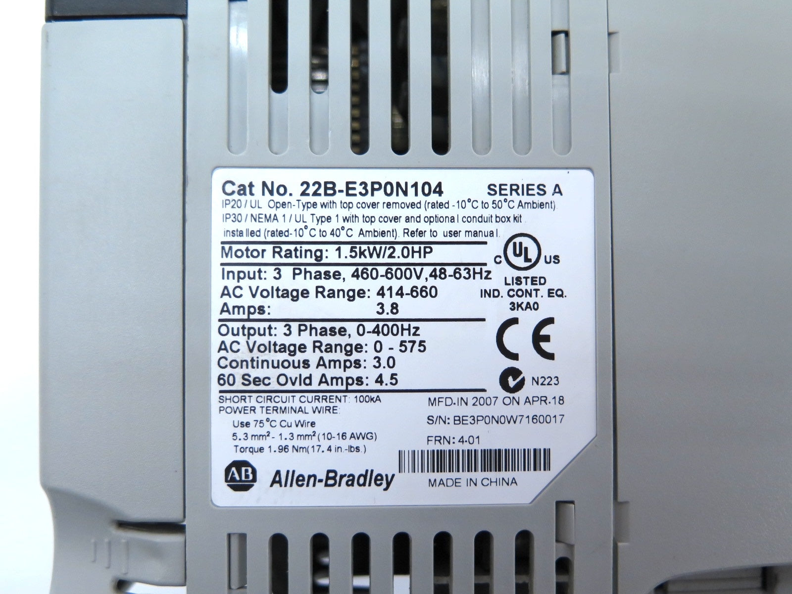 Allen-Bradley 22-B-E3P0N104 AC Drive 1.5kW / 2HP 460-600Vac - Advance Operations