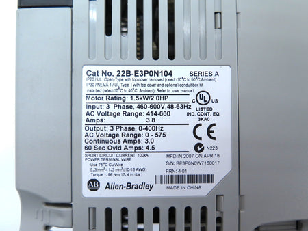 Allen-Bradley 22-B-E3P0N104 AC Drive 1.5kW / 2HP 460-600Vac - Advance Operations