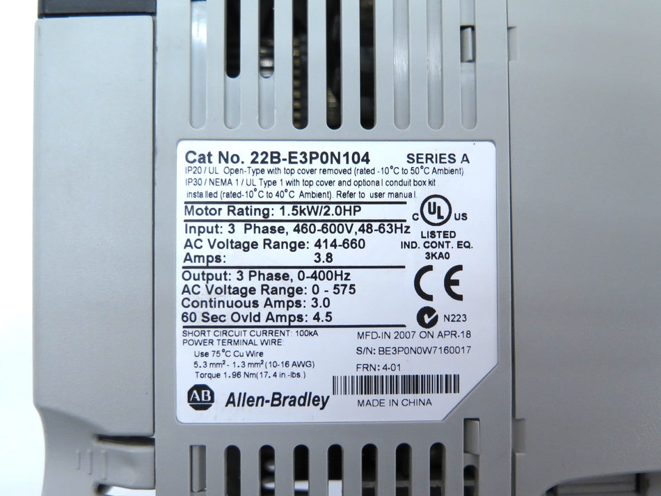 Allen-Bradley 22-B-E3P0N104 AC Drive 1.5kW / 2HP 460-600Vac - Advance Operations