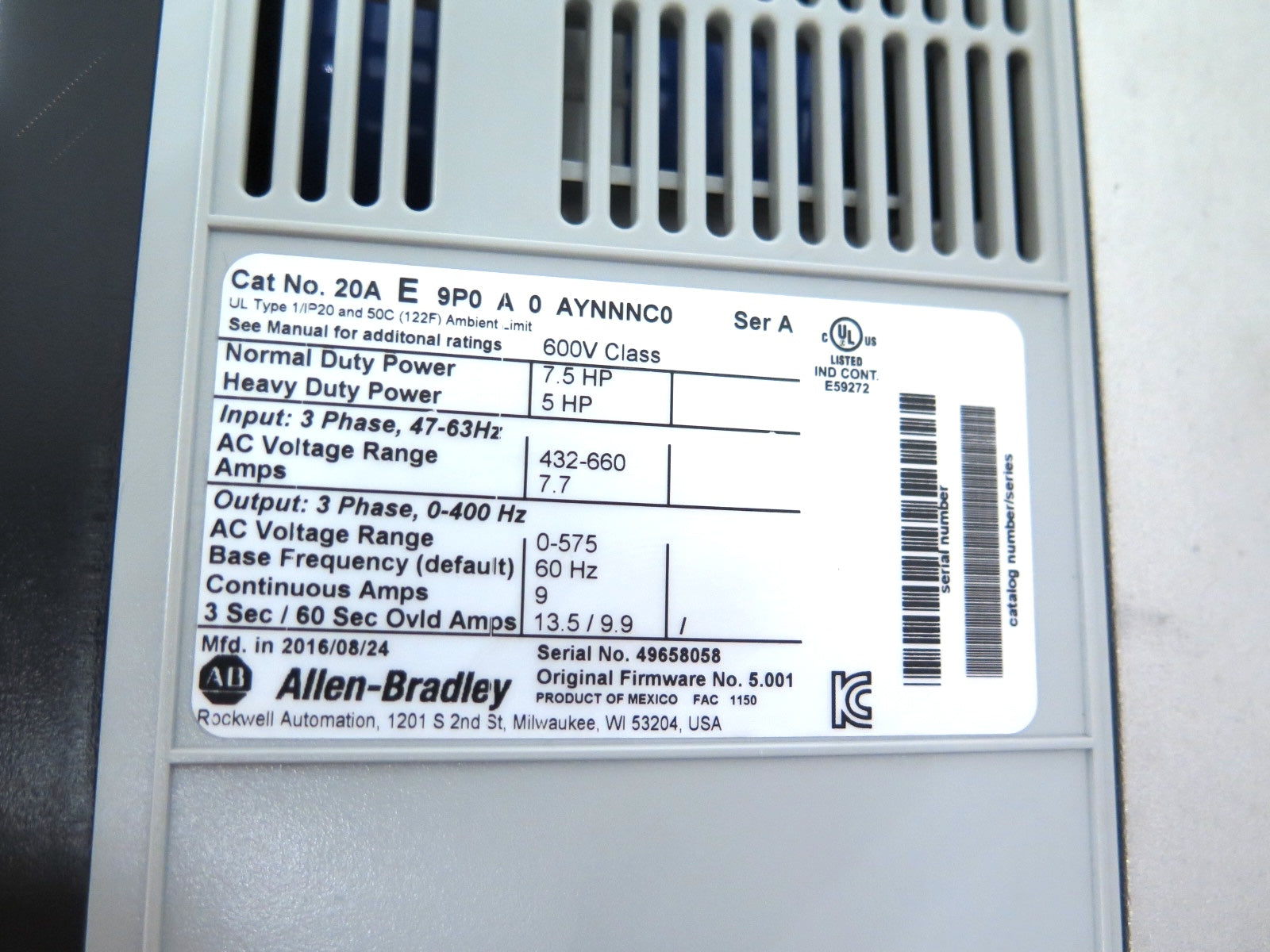 Allen-Bradley 20AE9P0A0AYNNNC0 PowerFlex 70 DriveGuard AC Drive 7.5Hp - Advance Operations