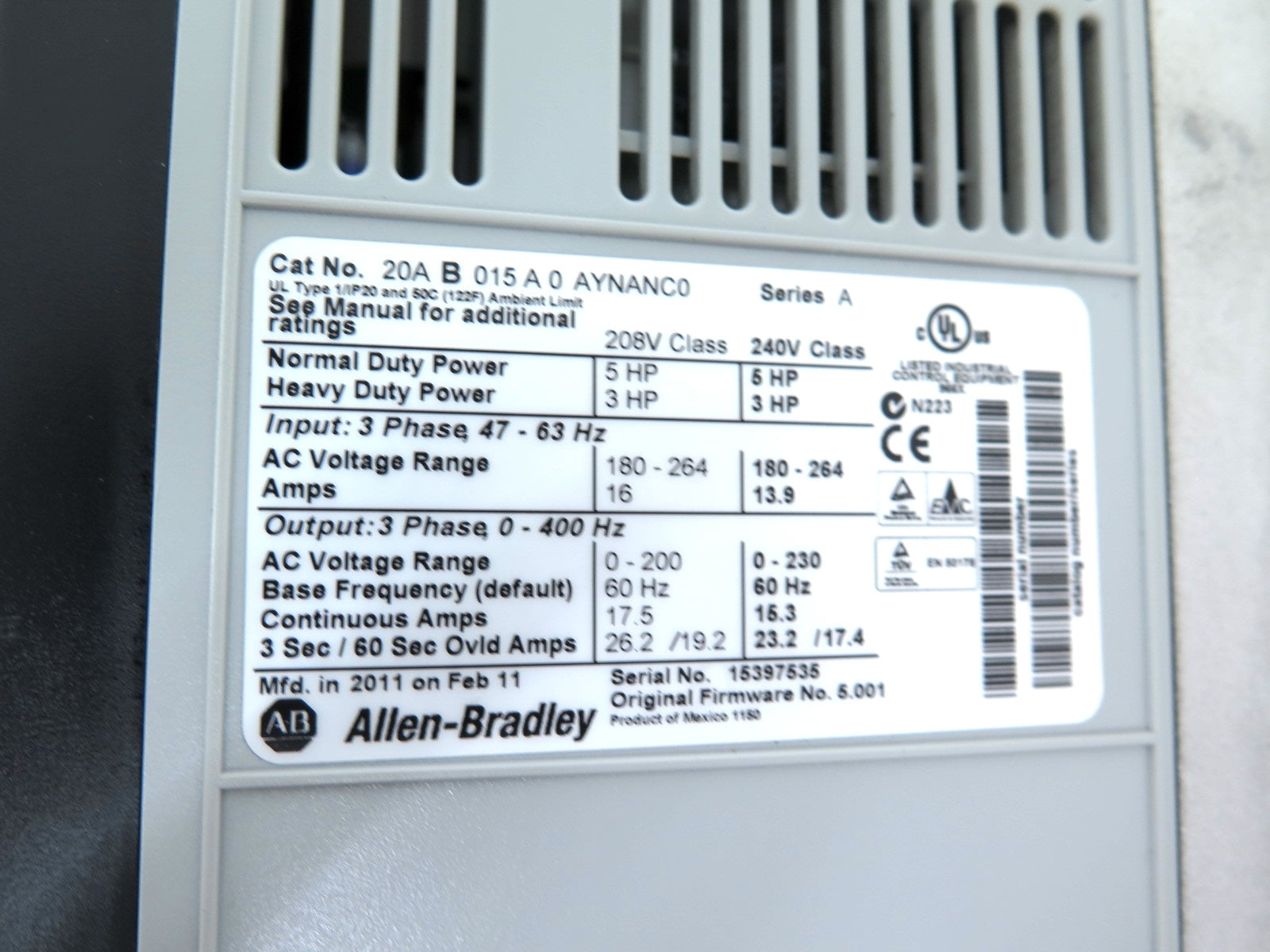 Allen-Bradley 20AB015A0AYNANC0 PowerFlex 70 AC Drive 5HP 180-264Vac 16A - Advance Operations