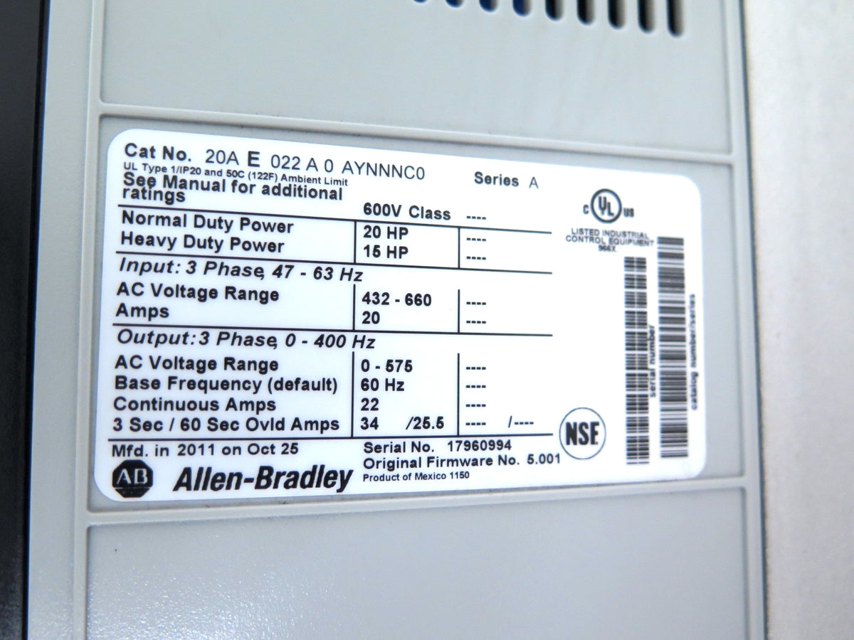 Allen-Bradley 20AE022A0AYNNNC0 PowerFlex 70 AC Drive 20HP 432-660Vac - Advance Operations
