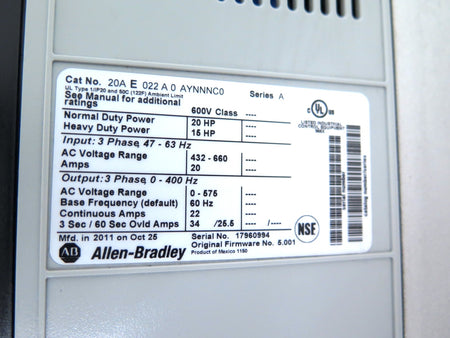 Allen-Bradley 20AE022A0AYNNNC0 PowerFlex 70 AC Drive 20HP 432-660Vac - Advance Operations