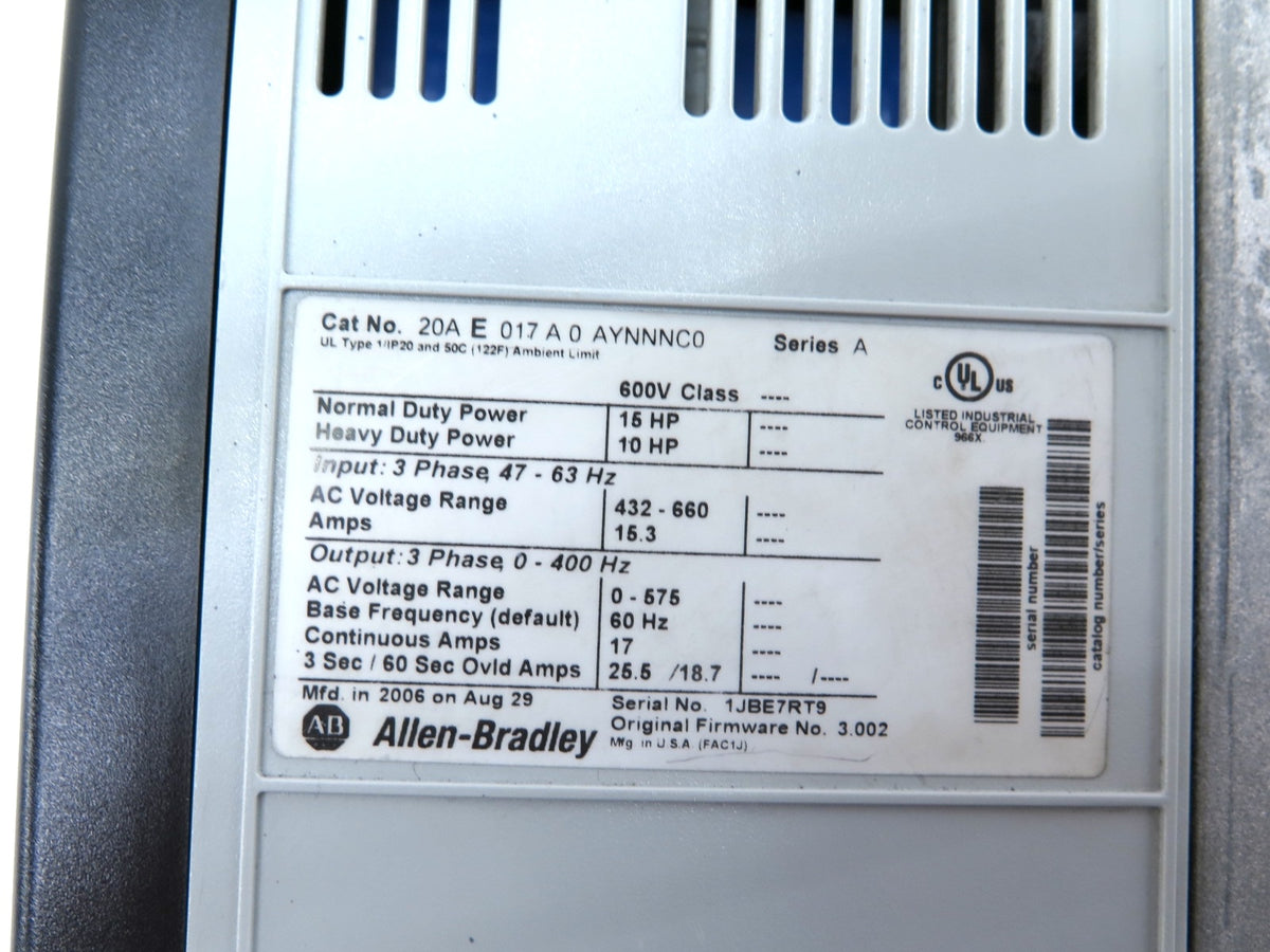 Allen-Bradley 20AE017A0AYNNNC0 PowerFlex 70 AC Drive 15HP 432-660Vac 15.3A - Advance Operations