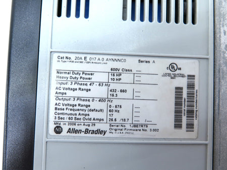 Allen-Bradley 20AE017A0AYNNNC0 PowerFlex 70 AC Drive 15HP 432-660Vac 15.3A - Advance Operations