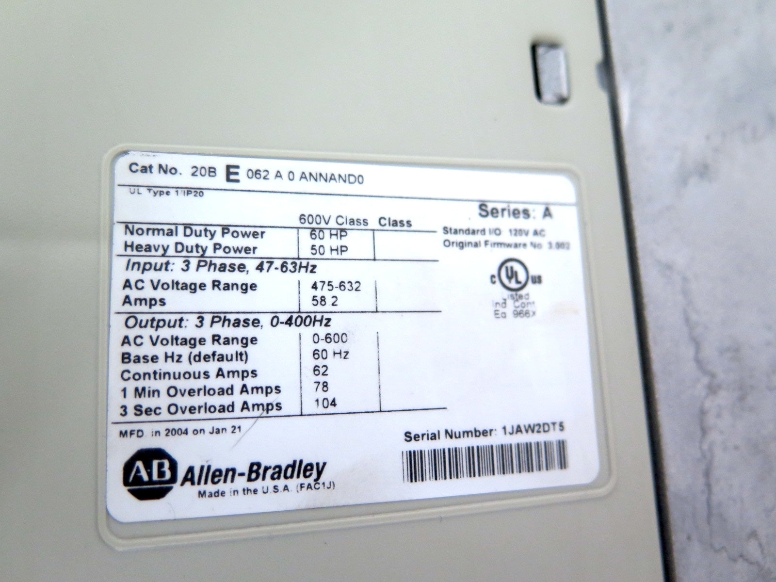 Allen-Bradley 20BE062A0ANNAND0 PowerFlex 700 AC Drive 60HP 62A 475-632Vac - Advance Operations