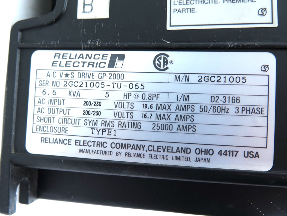 Reliance 2GC21005 AC Drive 5HP 200/230Vac 19.6A - Advance Operations