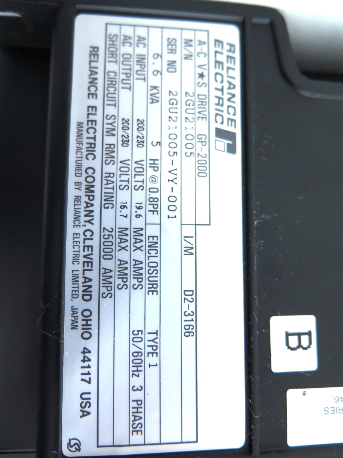 Reliance Electric 2GU21005 AC Drive 6.6Kva 5HP D2-3166 200-230Vac - Advance Operations