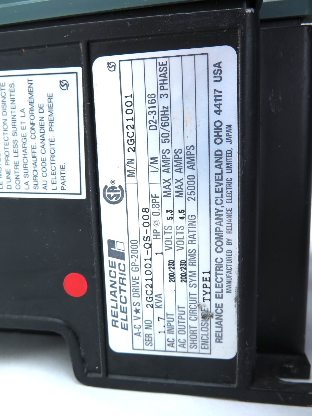 Reliance Electric 2GC21001 / D2-1366 AC Drive 1.7Kva 1HP 200-230Vac 5.3A - Advance Operations