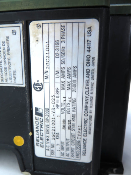 Reliance Electric GP-2000 / 2GC21001 AC Drive 1.7kVa 1HP 200-230Vac - Advance Operations