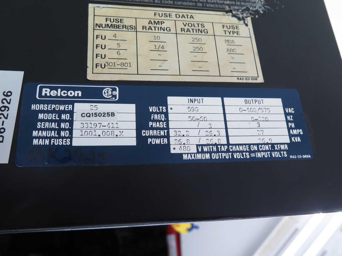Siemens / Relcon CQ15025B AC Drive 25HP Input: 590Vac Output: 0-460Vac - Advance Operations