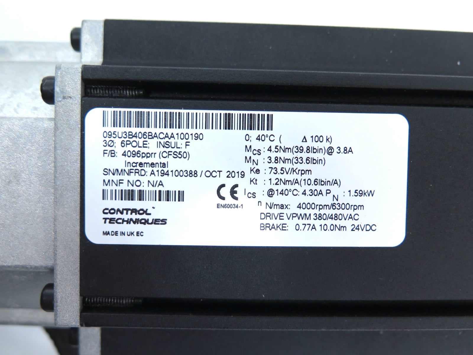 Nidec / Control Techniques 095U3B406BACAA100190 Servo Motor - Advance Operations