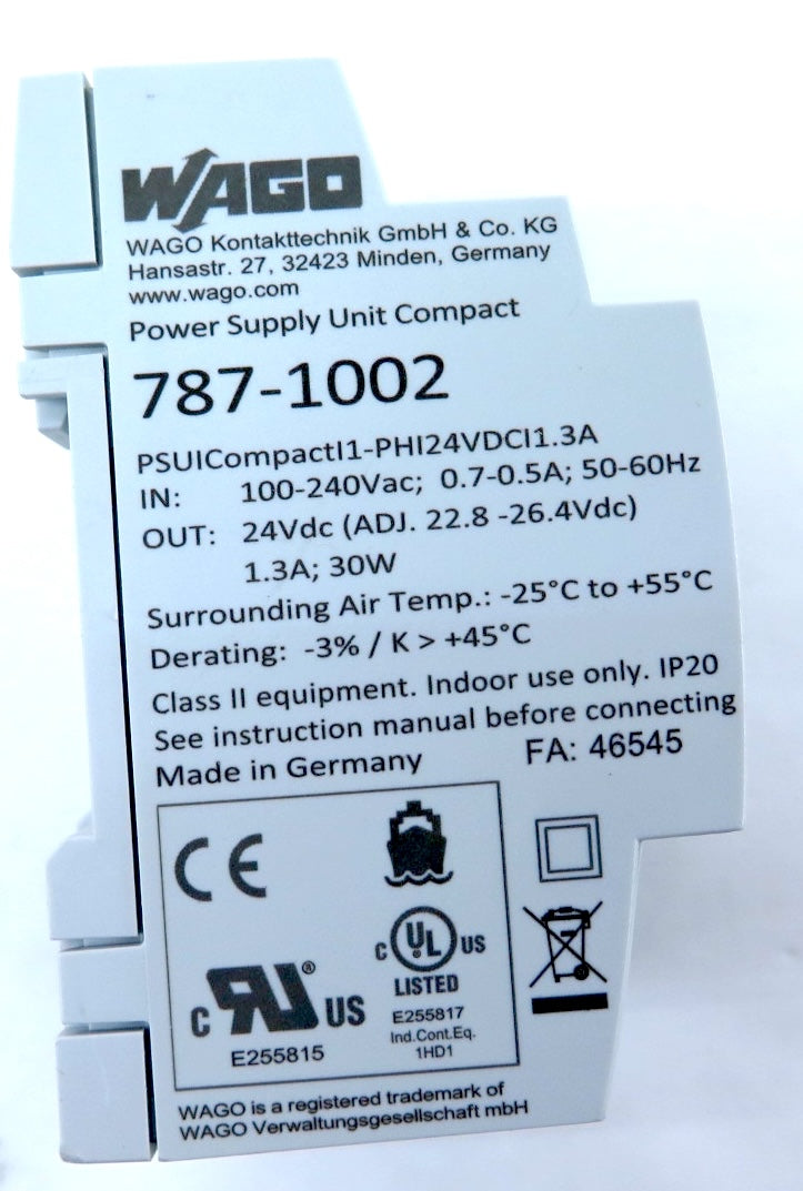 Wago 787-1002 Power Supply 100-240Vac 1.3A 24Vdc - Advance Operations