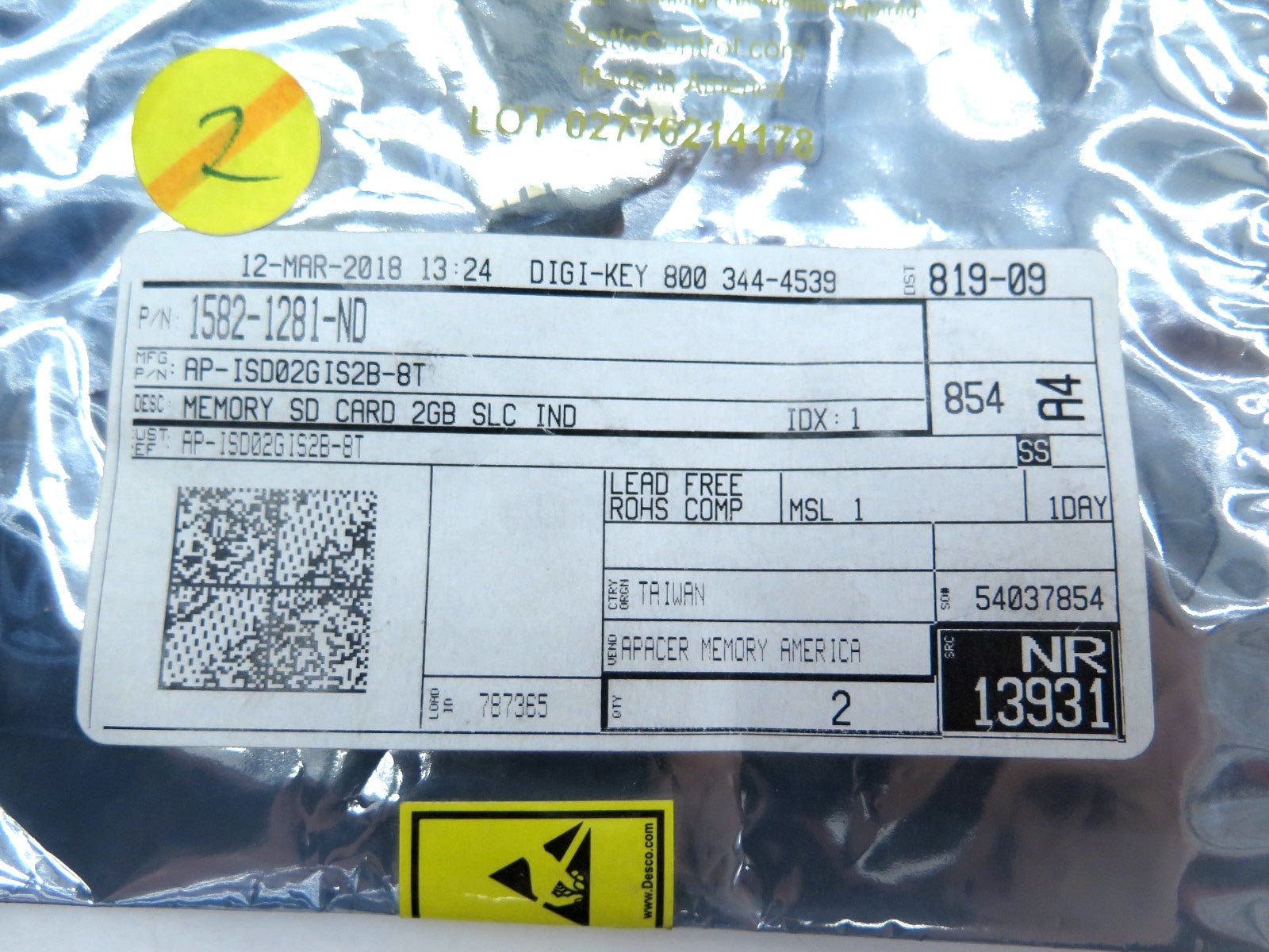 Digi-Key / Apacer 1582-1281-ND Memory Card 2GB LOT OF 2 - Advance Operations
