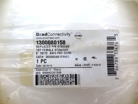 Woodhead 1300080158 12P Female Straight 6' 16/12 AWG PVC Cord - Advance Operations