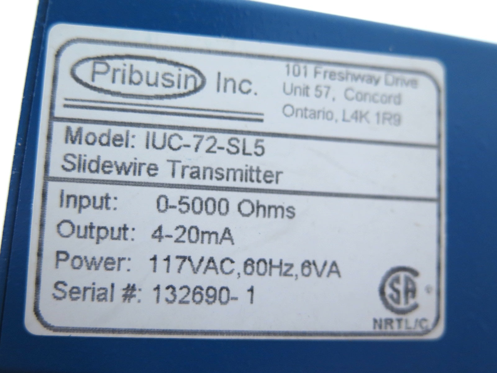 Pribusin IUC-72-SL1 Sidewire Transmitter 4-20mA 0-5000 Ohms - Advance Operations