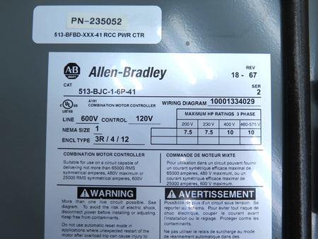 Allen-Bradley 513-BJC-1-6P-41 Nema Size 1 Combination Motor Starter - Advance Operations