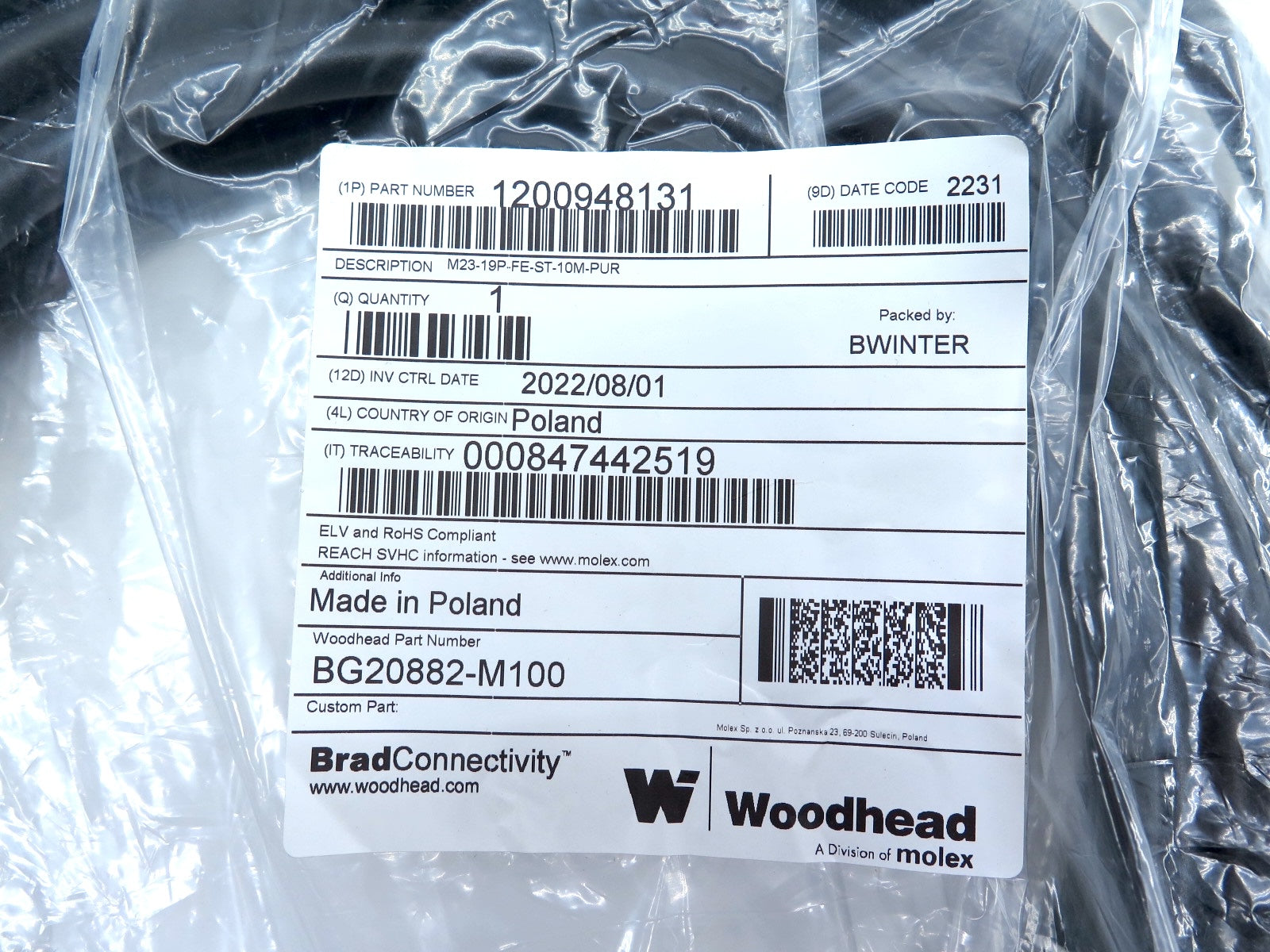 Woodhead BG20882-M100 / M23-19P-FE-ST-10M-PUR Cable Set 10M - Advance Operations