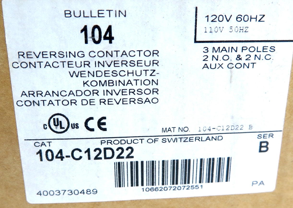Allen-Bradley 104-C12D22 Reversing Contactor 3 Main Pole 110/120Vac - Advance Operations