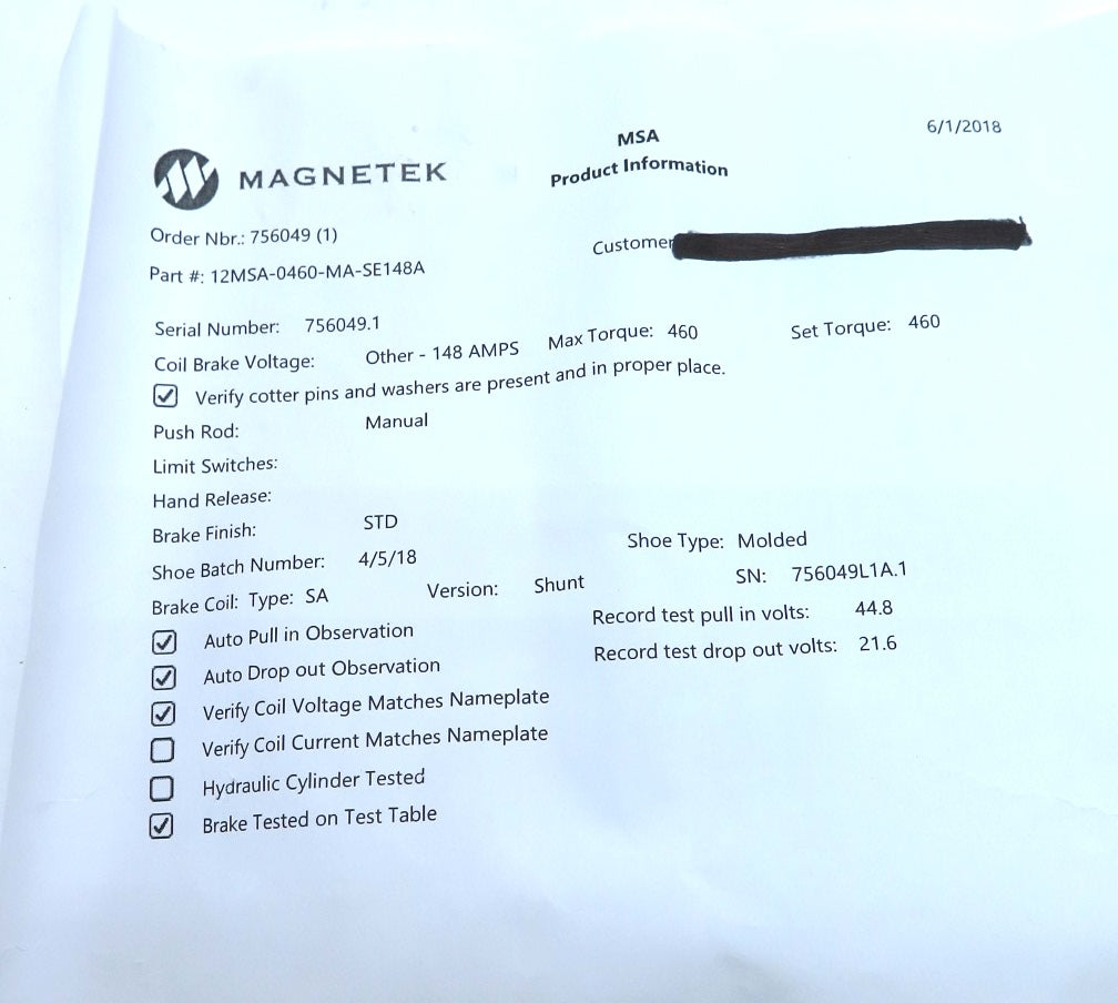 Magnetek 12SA-0460-MA-SE148A Brake Assembly 184A - Advance Operations