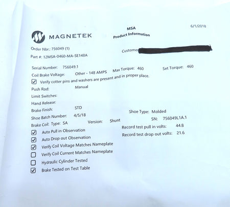 Magnetek 12SA-0460-MA-SE148A Brake Assembly 184A - Advance Operations
