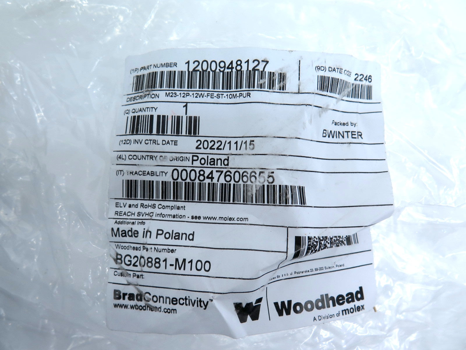 Molex / Woodhead BG20881-M100 1200948127 Cordset - Advance Operations