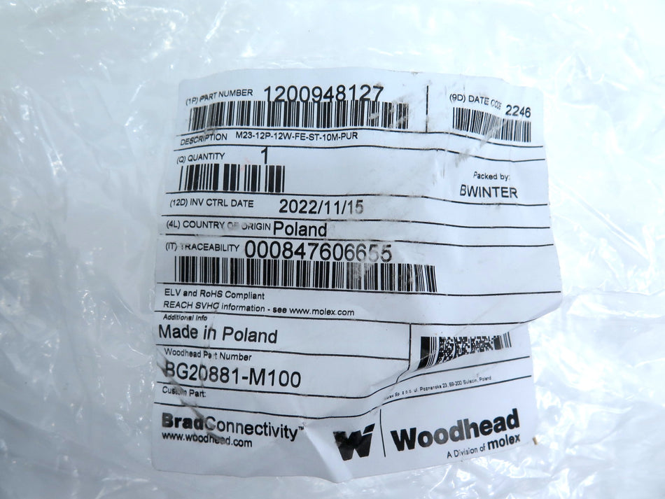 Molex / Woodhead BG20881-M100 1200948127 Cordset - Advance Operations